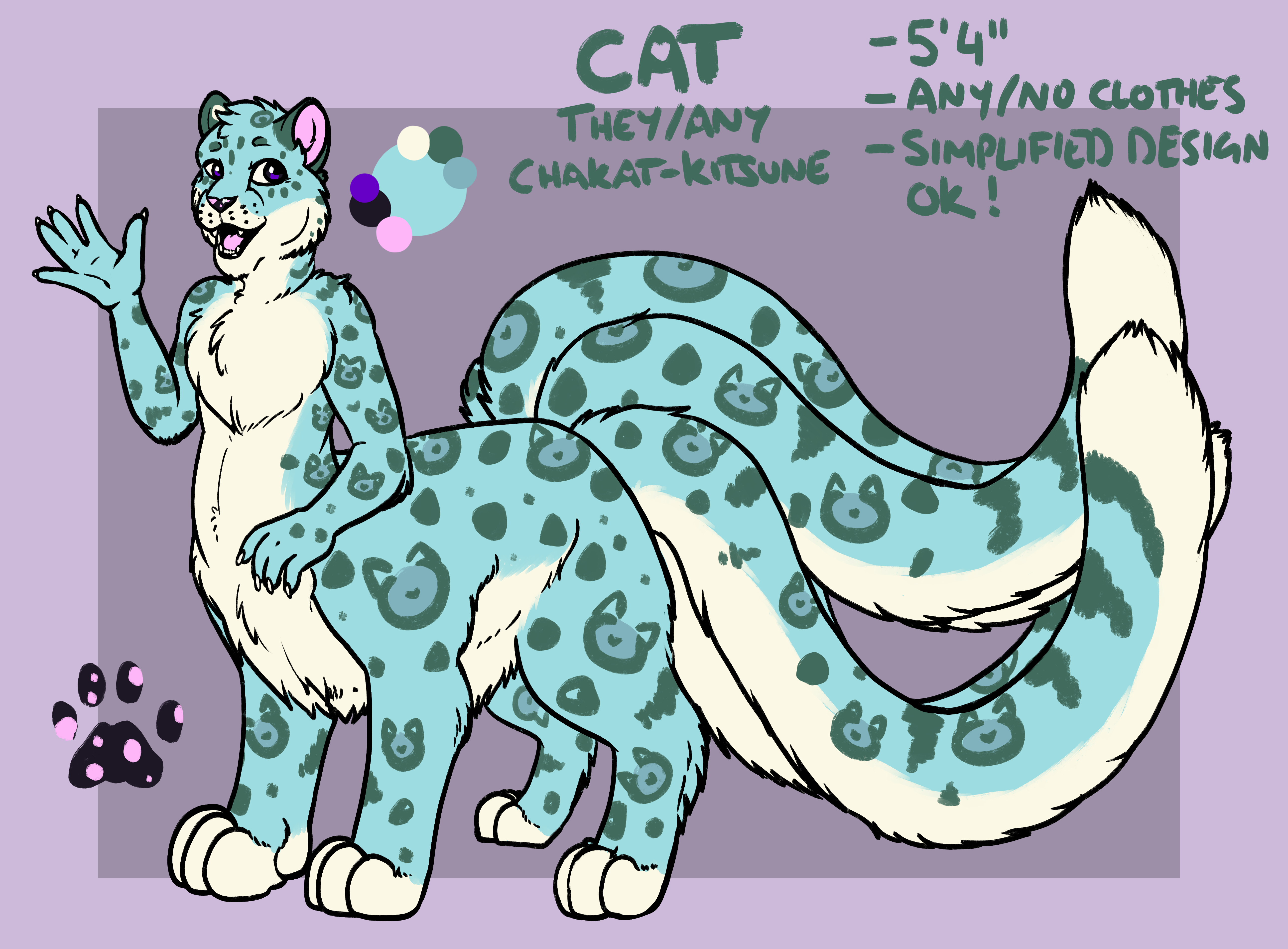 A chakat-kitsune with mint and pastel yellow colored fur, and dark green rosettes in the shape of cat heads. They have purple eyes and dappled purple-pink skin and are waving in a friendly manner.